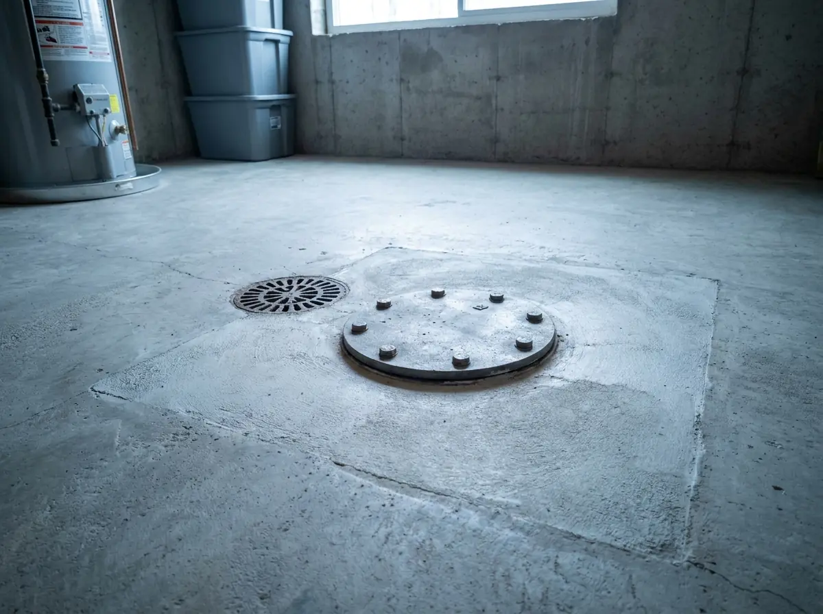A round bolted backwater valve access cover set flush into a concrete basement floor beside a floor drain.