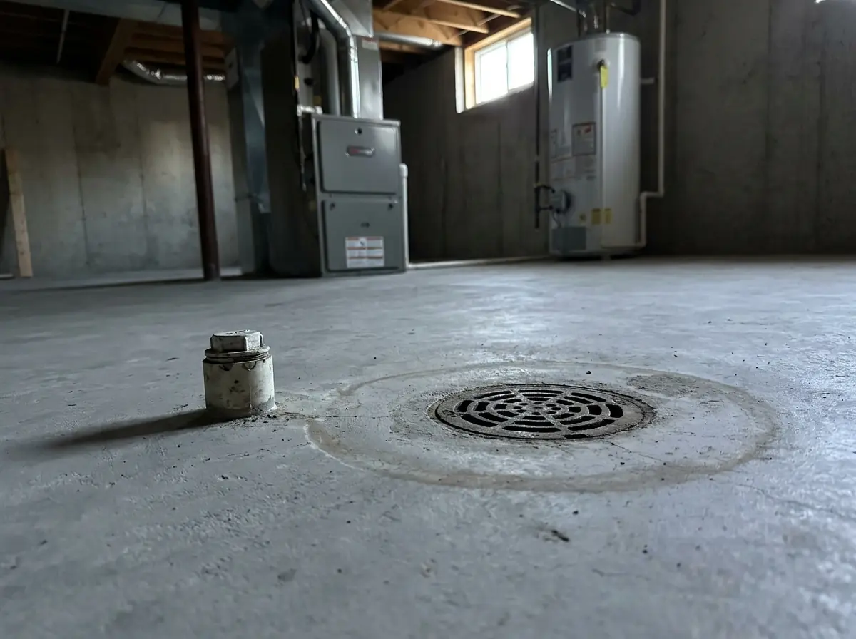 A basement floor drain in a concrete slab beside a capped sewer cleanout, with a faint damp ring around the drain.
