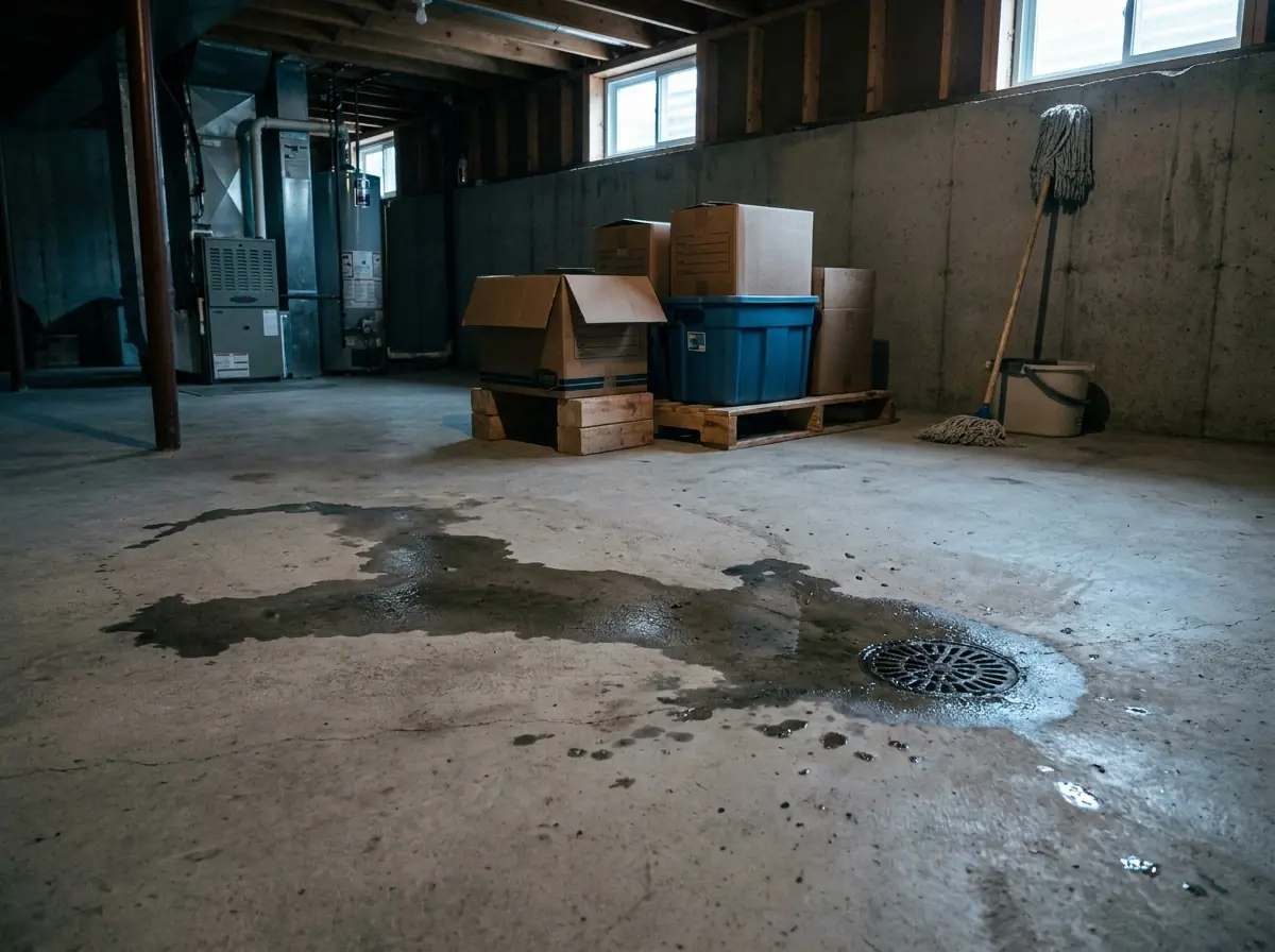 A basement sewer backup: a damp stain spreading from the floor drain, storage boxes raised clear on wooden blocks.