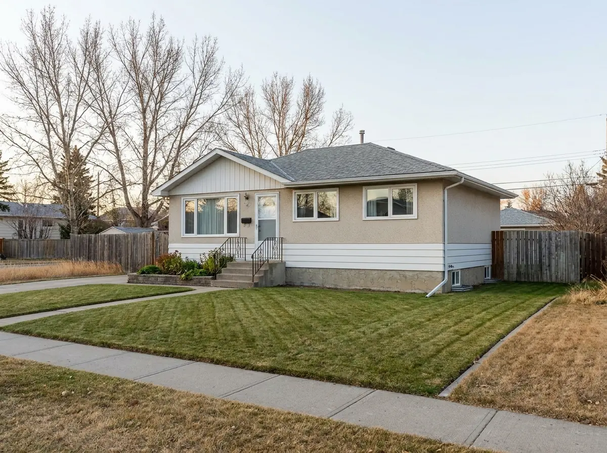A well-kept older Calgary bungalow seen from the street, with nothing visible to suggest a problem with its sewer line.