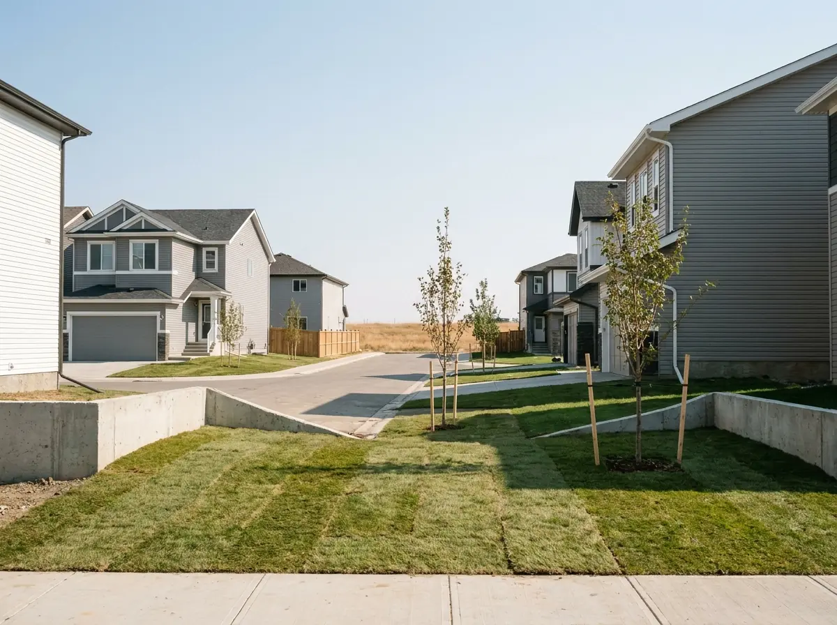 A street of new two-storey Calgary houses with narrow frontages, young staked trees and fresh sod on small front lawns.