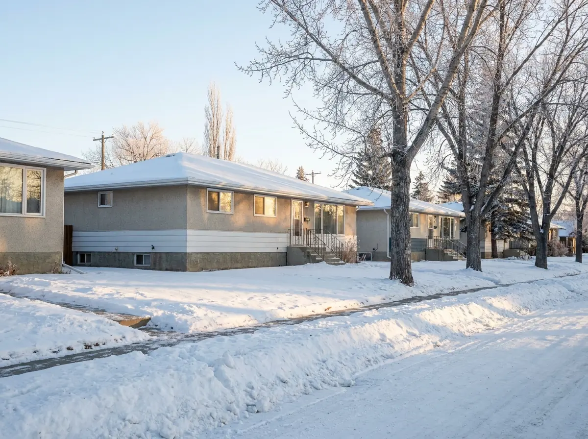 A Calgary residential street under hard winter frost, snow banked along the curb and bare poplars against a pale sky.