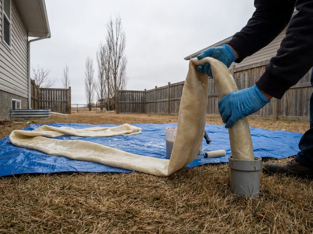 A resin-saturated CIPP liner being fed by gloved hands into a sewer cleanout at ground level.
