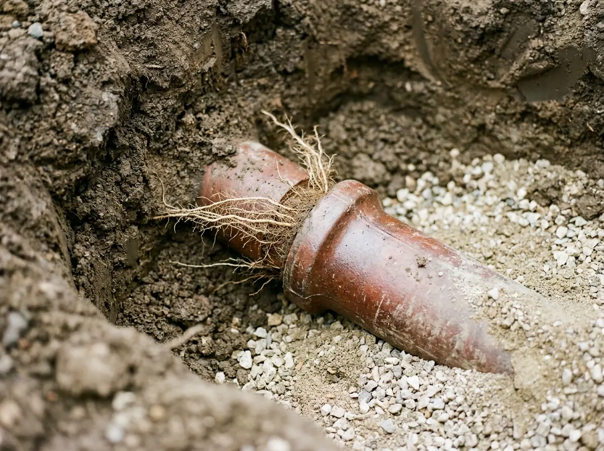 Two lengths of reddish-brown clay sewer pipe meeting at a bell-and-spigot joint in dark soil.