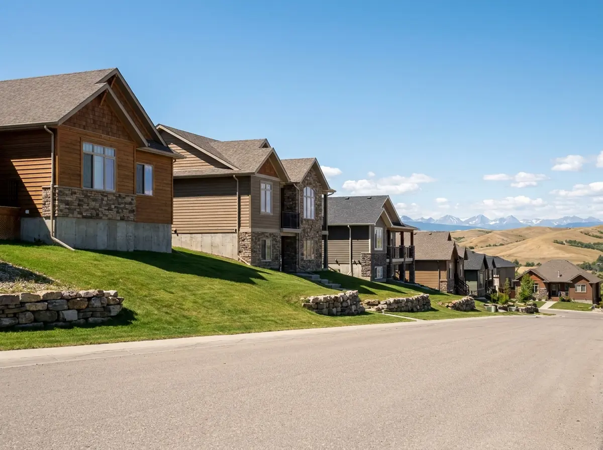 A Cochrane street climbing a distinct hillside, with houses stepped up the grade and foothills visible beyond.