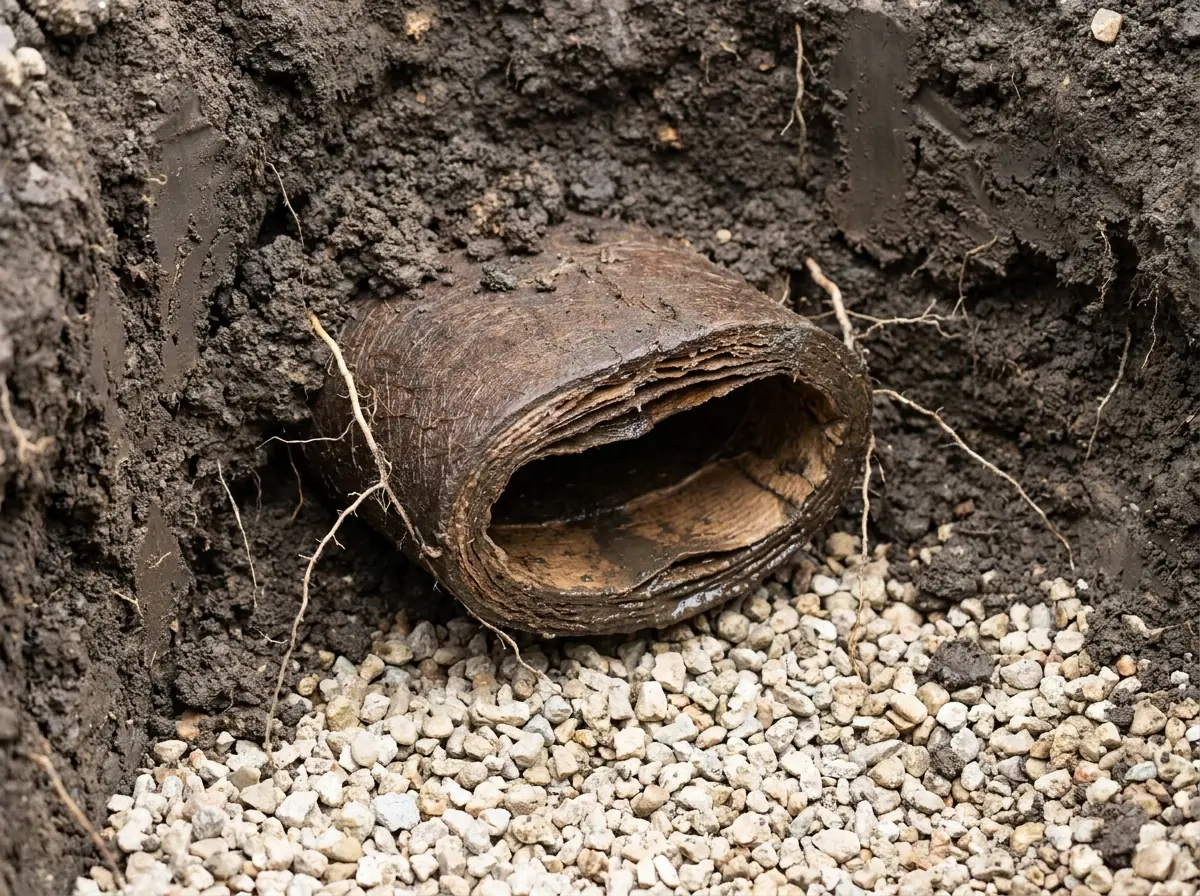A collapsed length of Orangeburg sewer pipe, the dark fibrous pipe deformed into an oval and delaminating inside.