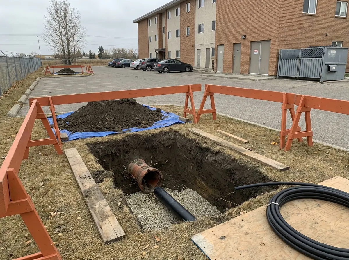 Commercial trenchless sewer work: a compact access pit and safety barrier beside a low-rise apartment building.