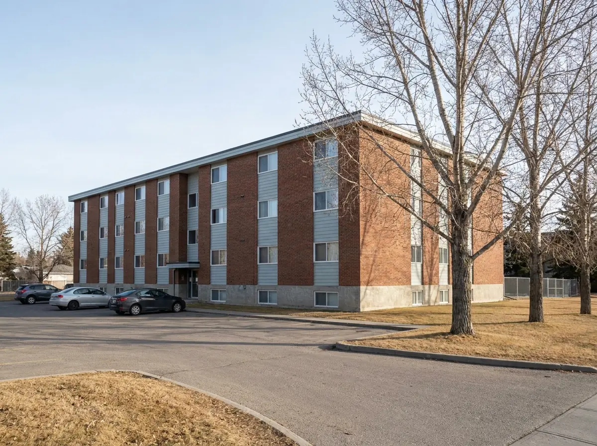 A four-storey brick and siding condominium building with mature landscaping and a paved visitor parking area.
