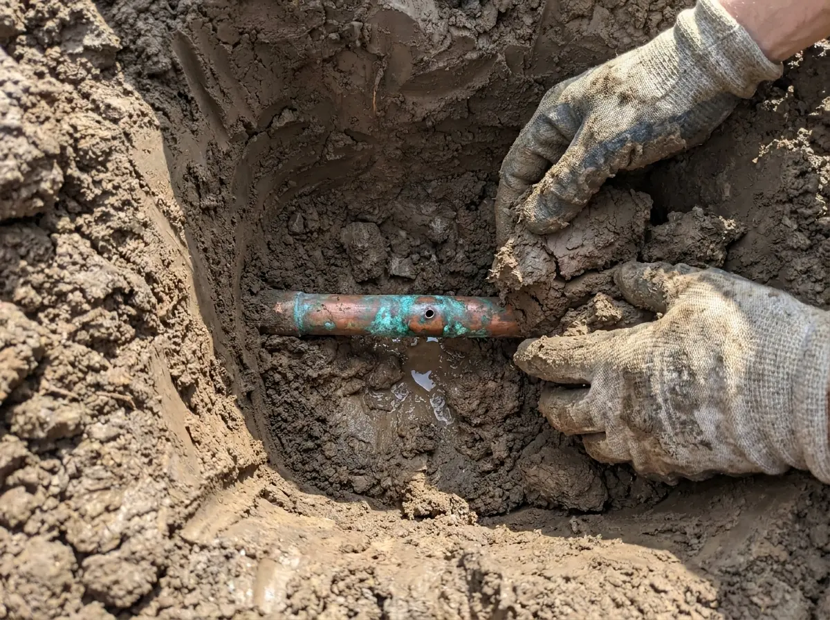 A copper water line exposed in wet soil with green corrosion around a pinhole leak, ready for repair.