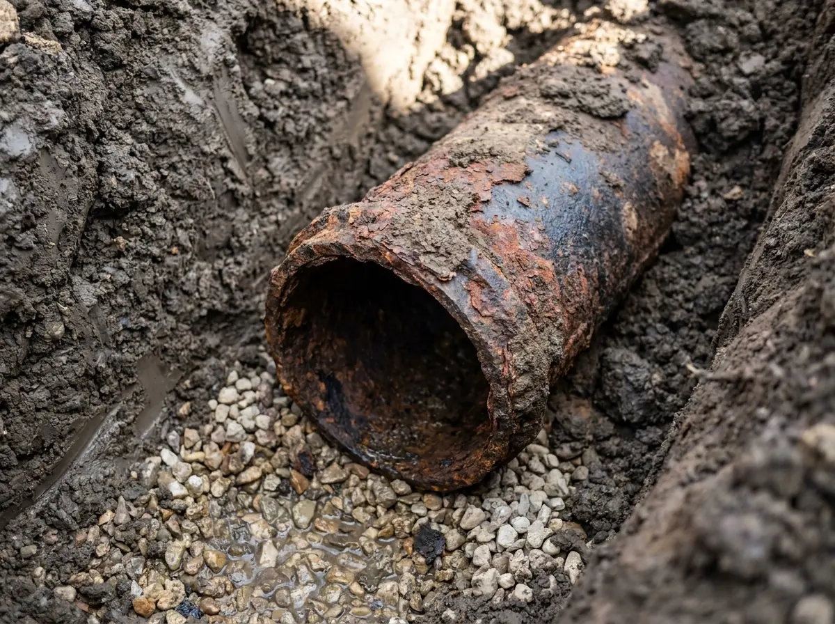 An old cast iron sewer pipe exposed in dark soil, deeply rusted and flaking on the outside but still holding its shape.