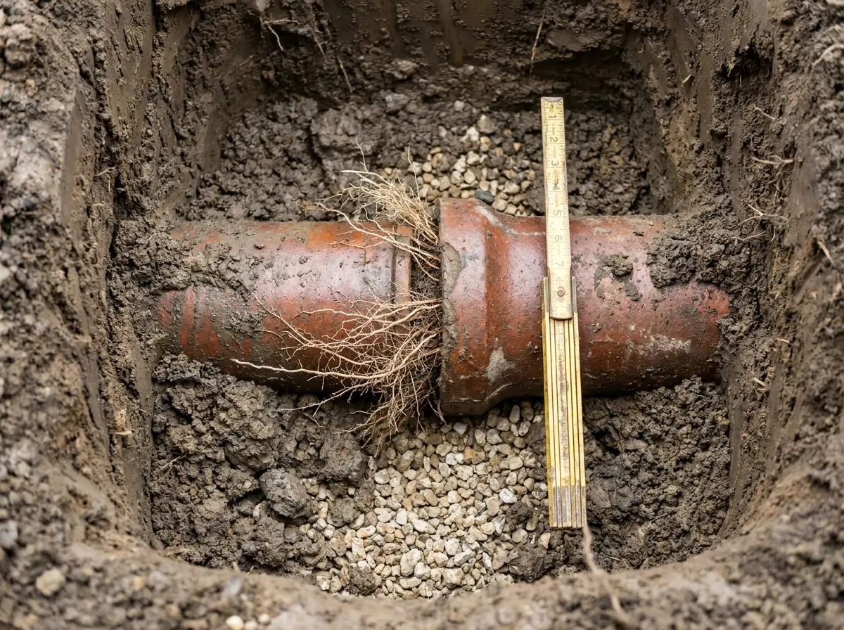 An excavated clay sewer lateral in dark soil, with a stepped joint and fine tree roots entering at the collar.