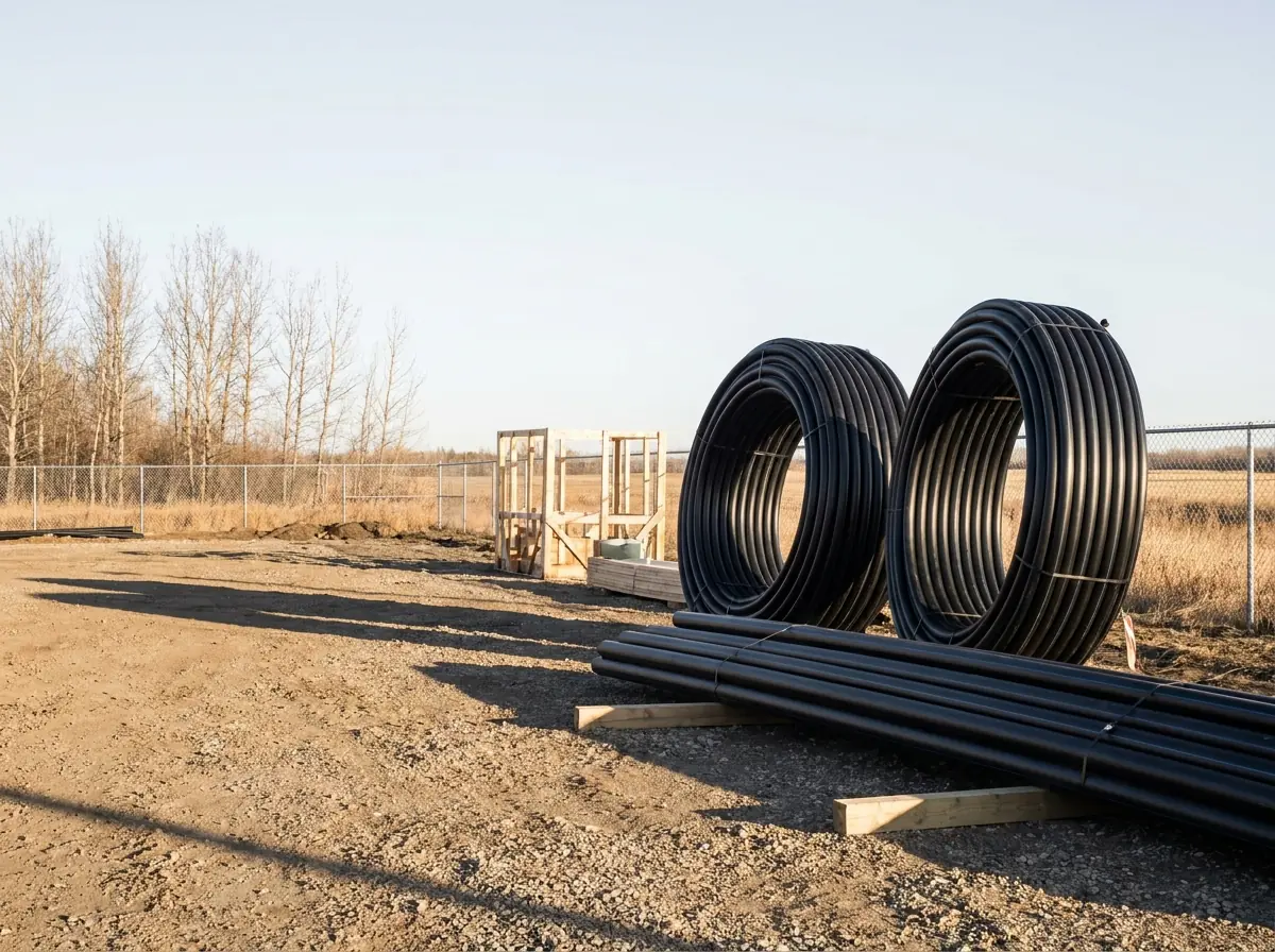 Coils and straight lengths of black HDPE water and sewer pipe stacked on timber bearers on a construction site.