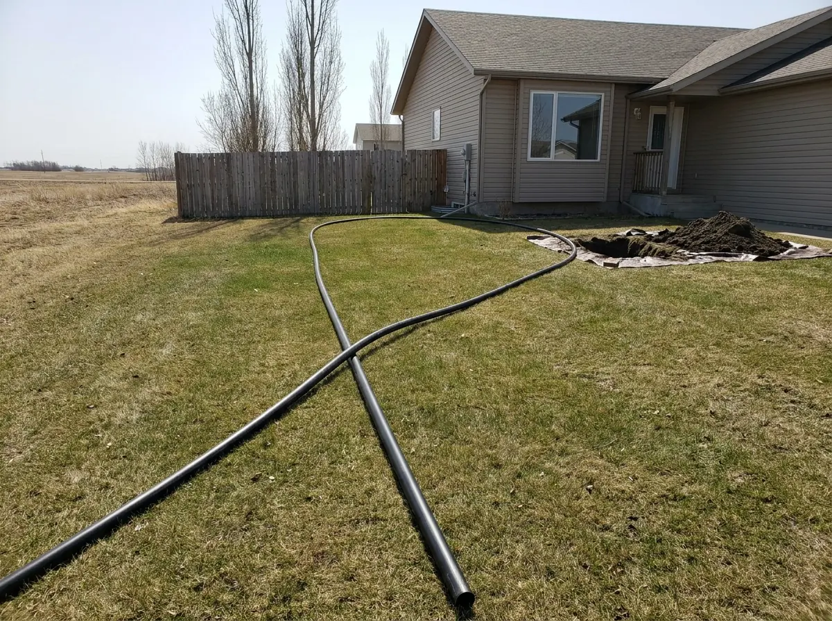 A long length of black HDPE sewer pipe laid across a lawn, ready to be pulled into an access pit beside the house.
