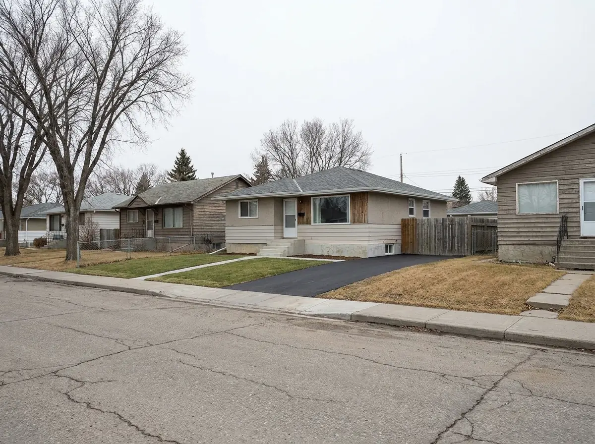 An older High River residential street of single-storey houses and mature trees, one lot showing newer foundation work.
