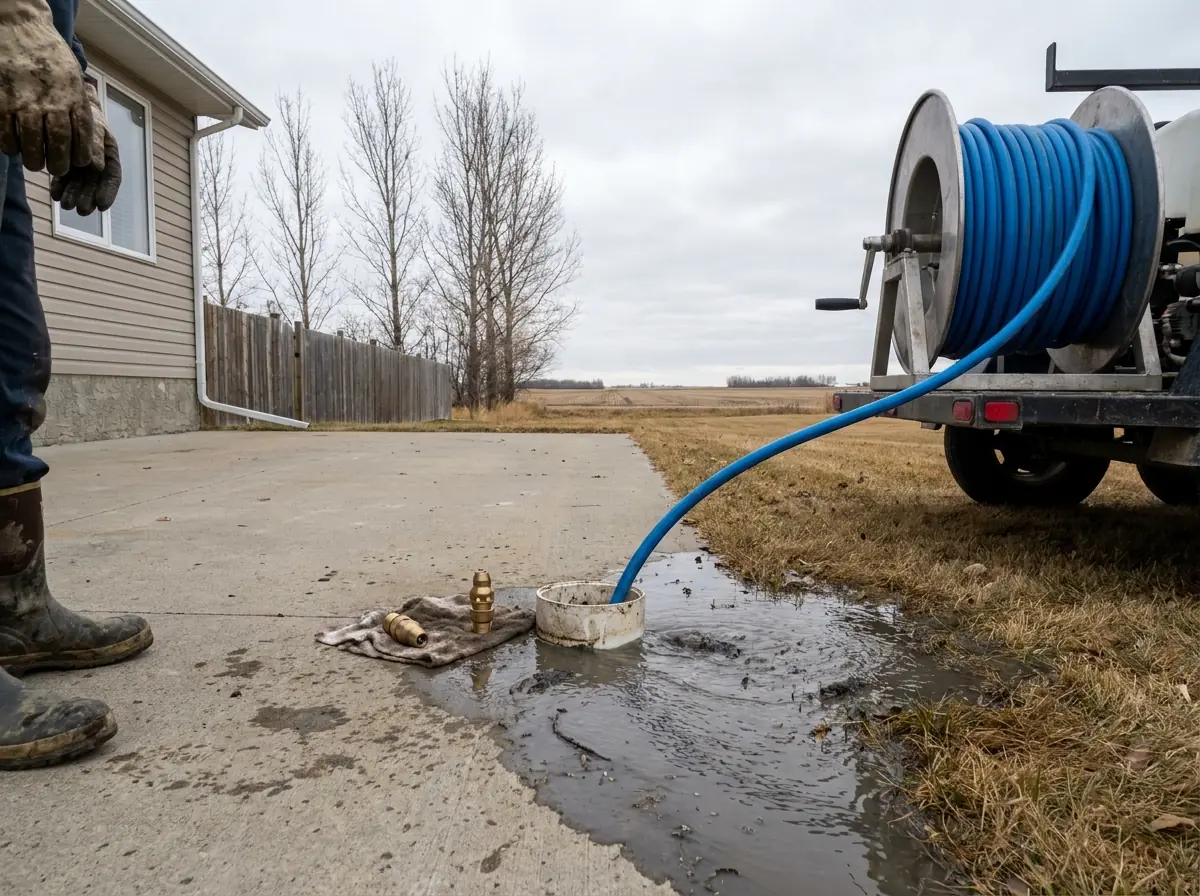 A hydro jetting hose running into a sewer cleanout, dirty water carrying debris back out around it.