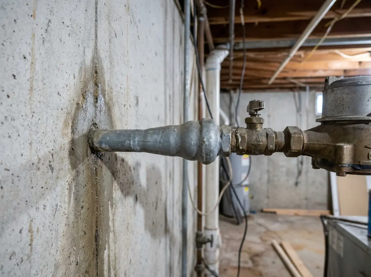 A dull grey lead water service entering a basement wall, a bulbous joint at the brass fitting and a shut-off valve beyond.