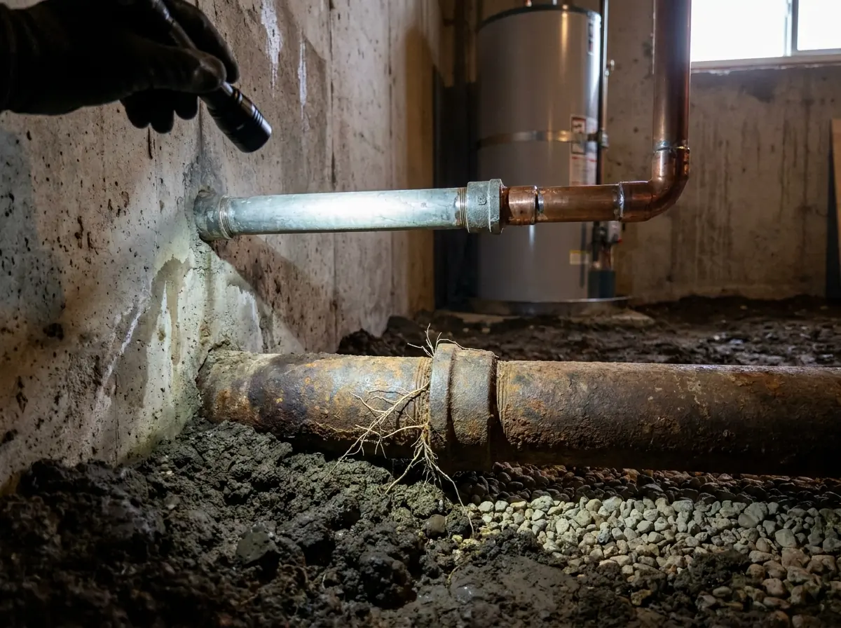 An old lead water service line entering a basement wall, duller and softer-looking than the copper pipe joined to it.