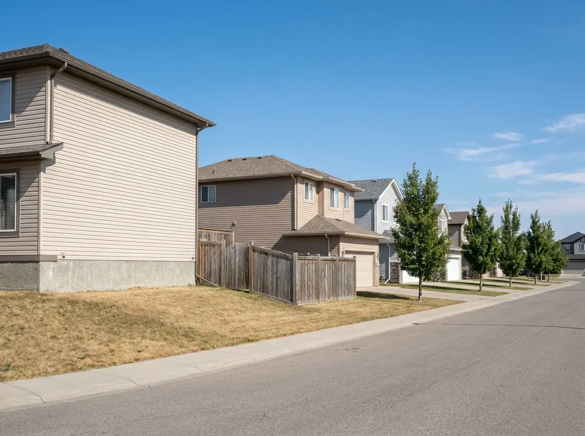 A northeast Calgary street of 1980s and 1990s two-storey homes with attached garages and evenly spaced young trees.