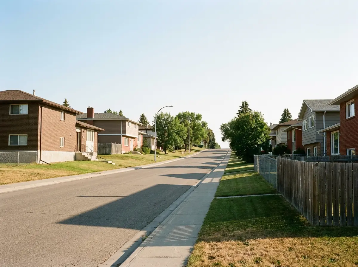 A 1970s northwest Calgary street of split-level houses on sloping ground with established but not ancient trees.