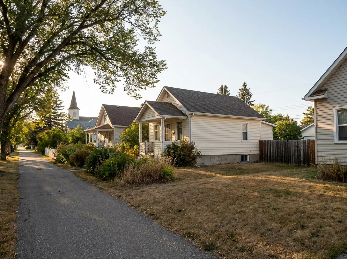 A quiet older street in the Okotoks town core with small early houses and large mature trees along the boulevard.