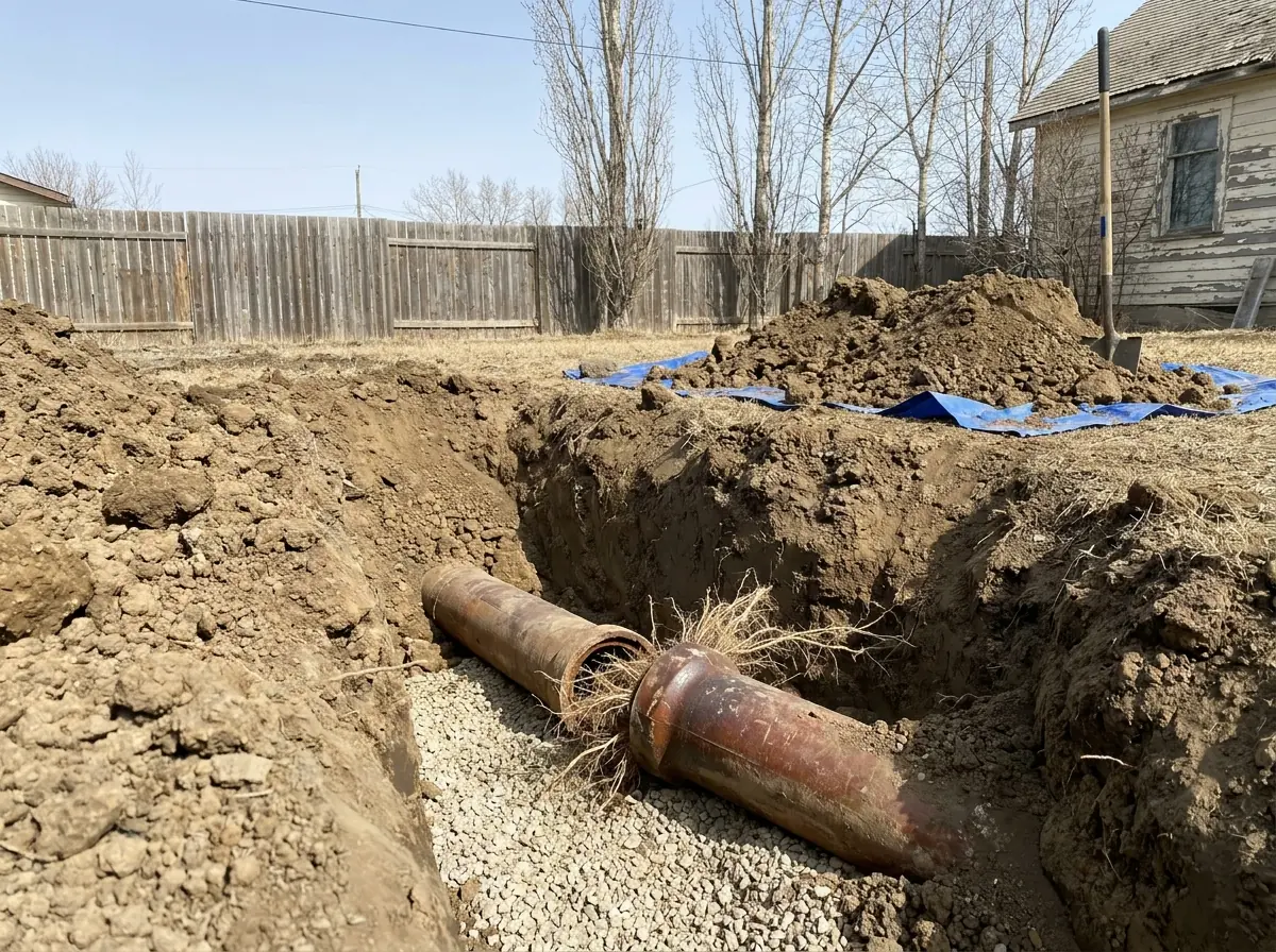 An open-cut sewer trench across bare ground, a length of pipe visible in the bottom and spoil heaped alongside.