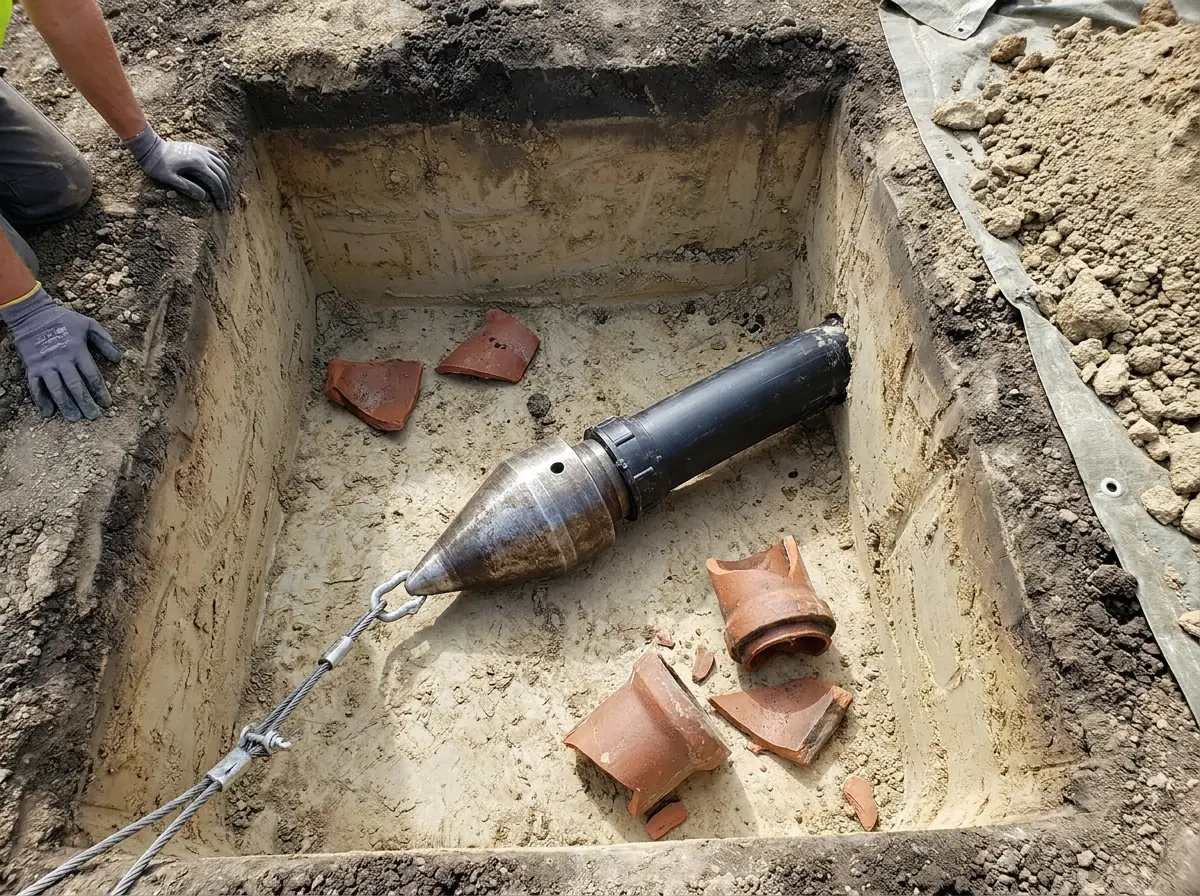 A bursting head and new HDPE pipe in the access pit A pipe bursting head attached to new black HDPE sewer pipe in an access pit, beside broken pieces of the old clay pipe.