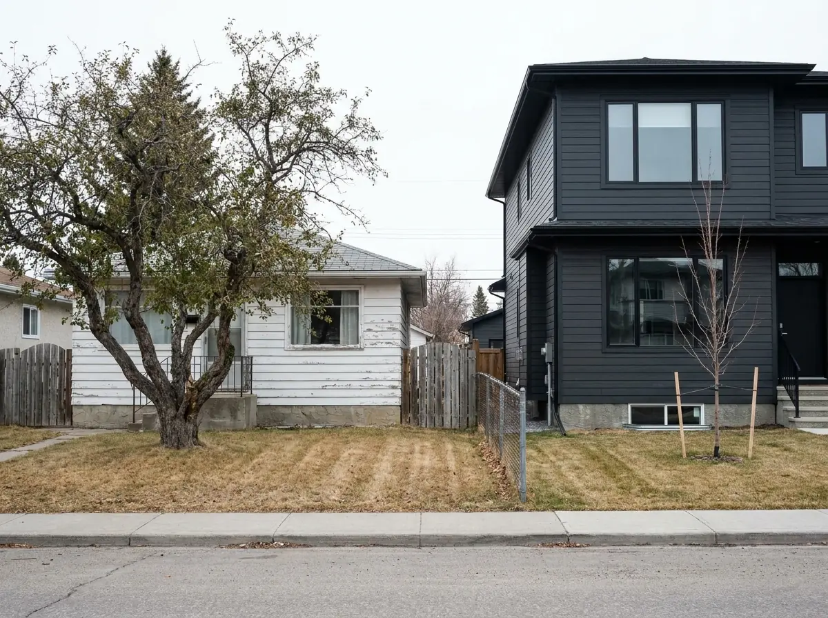 A southeast Calgary street where a small older cottage stands directly beside a much taller newly built infill house.