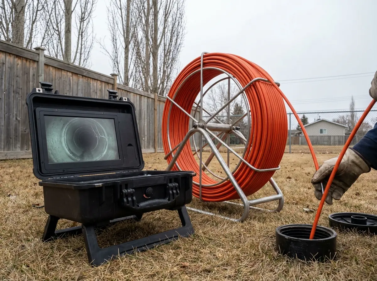 A sewer camera inspection reel running into a cleanout, its monitor showing the inside of a clay pipe.