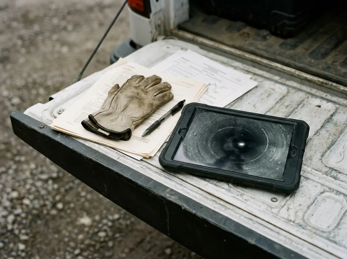 A printed sewer pipe condition report and a tablet showing camera inspection footage on a work truck tailgate.