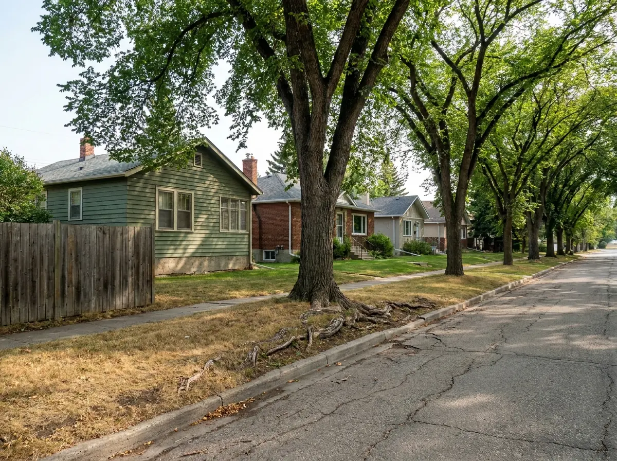 A narrow older southwest Calgary street with very large elms arching overhead and pre-war houses set behind deep lawns.
