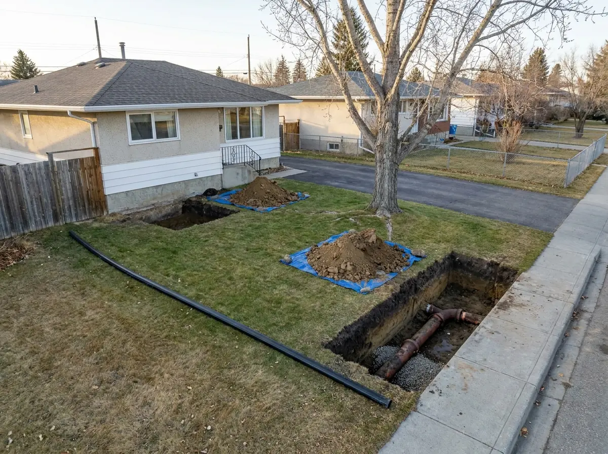 Two small access pits for a trenchless sewer repair at either end of a lawn, the driveway and tree between them untouched.