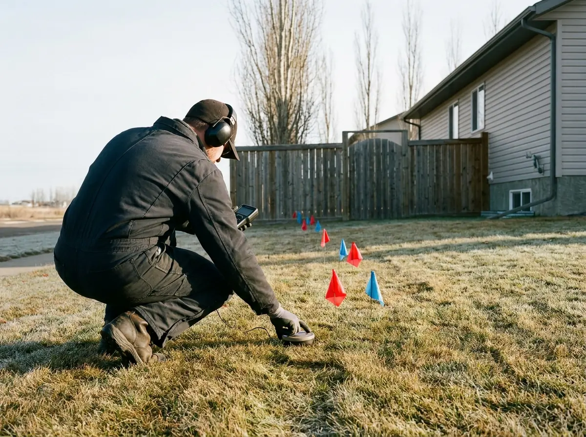 Underground water leak detection: a technician in headphones listening through an acoustic ground microphone on a lawn.