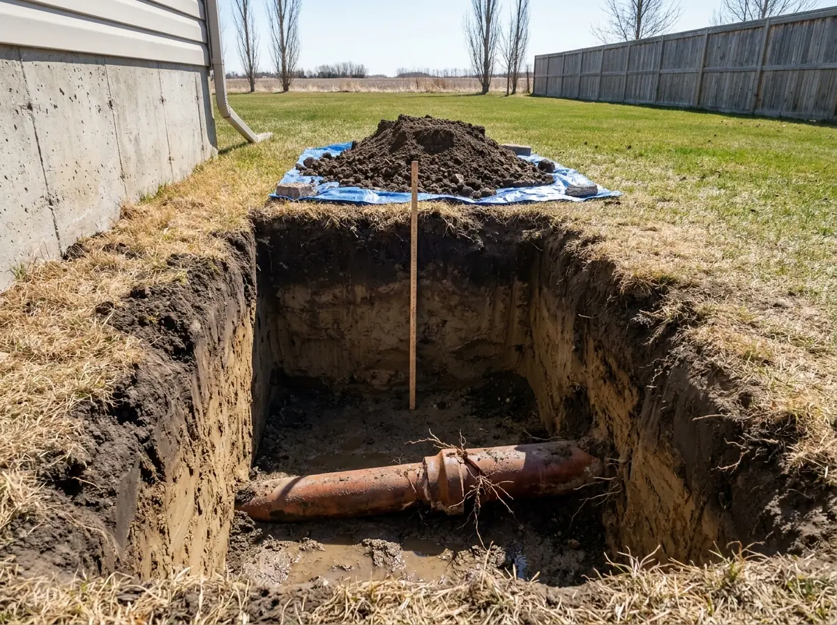 A deep access pit beside a house with a measuring rod showing how far below grade the water service line runs.